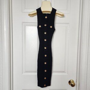 NWT Hera Collection Black Ribbed Bodycon Mini Dress with Gold Buttons - XXS Chic